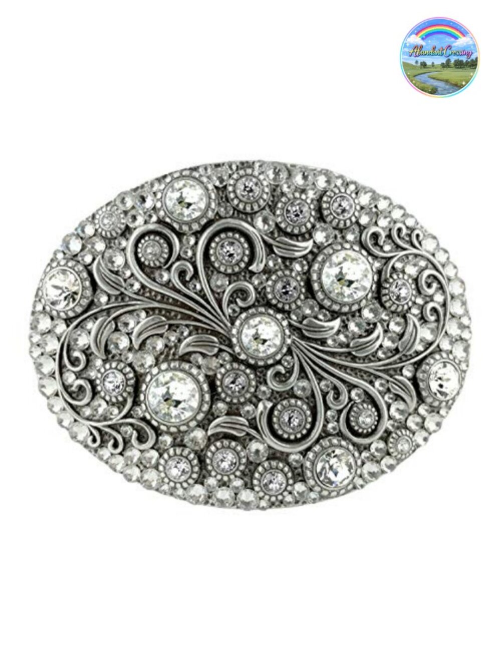 Rhinestone Crystal Floral Engraved Oval Western Belt Buckle Antique Finish